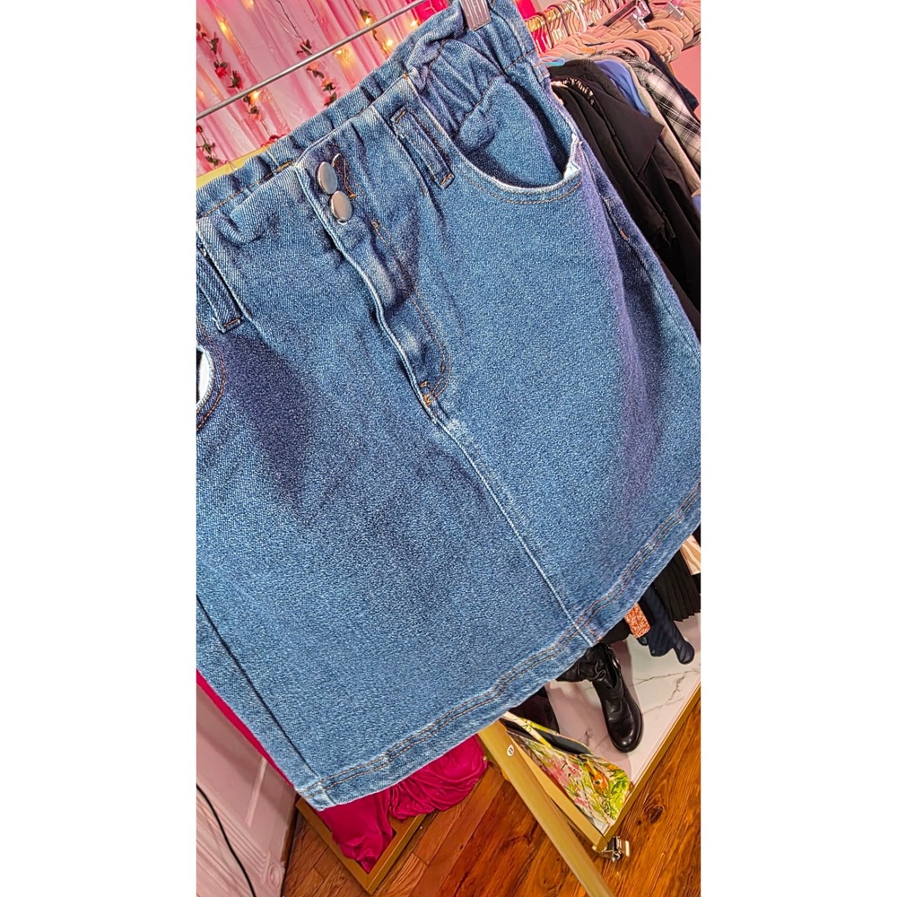 Mele E Per Womens Medium Denim Mini Skirt Paperbag Waist Blue Cotton Blend - Picture 8 of 9
